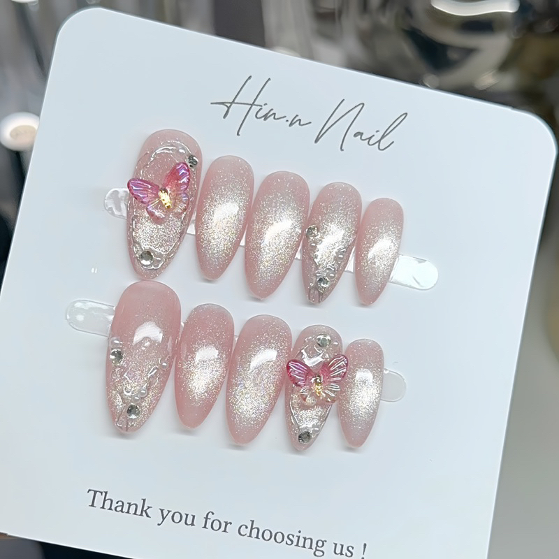 Nailbox thiết kế H008 thạch hồng mắt mèo vẽ nổi đính charm ngọc xinh xắn