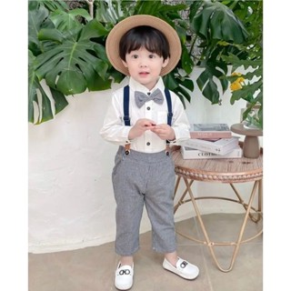 Set yếm quần Mialy Kids cho bé trai màu Đen - Trắng (8-22kg) - Áo sơmi cùng quần linen mềm đẹp tiện lợi kết hợp cùng đai