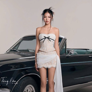 Set đồ nữ sang chảnh tiểu thư áo ren quây cúp ngực ôm dáng sexy phối chân váy dáng A nhún vạt dài thiết kế LONA Jennies