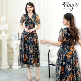 Đầm EMY EM7589 Xoè Voan Hoa Cổ Nơ Nhún Tùng