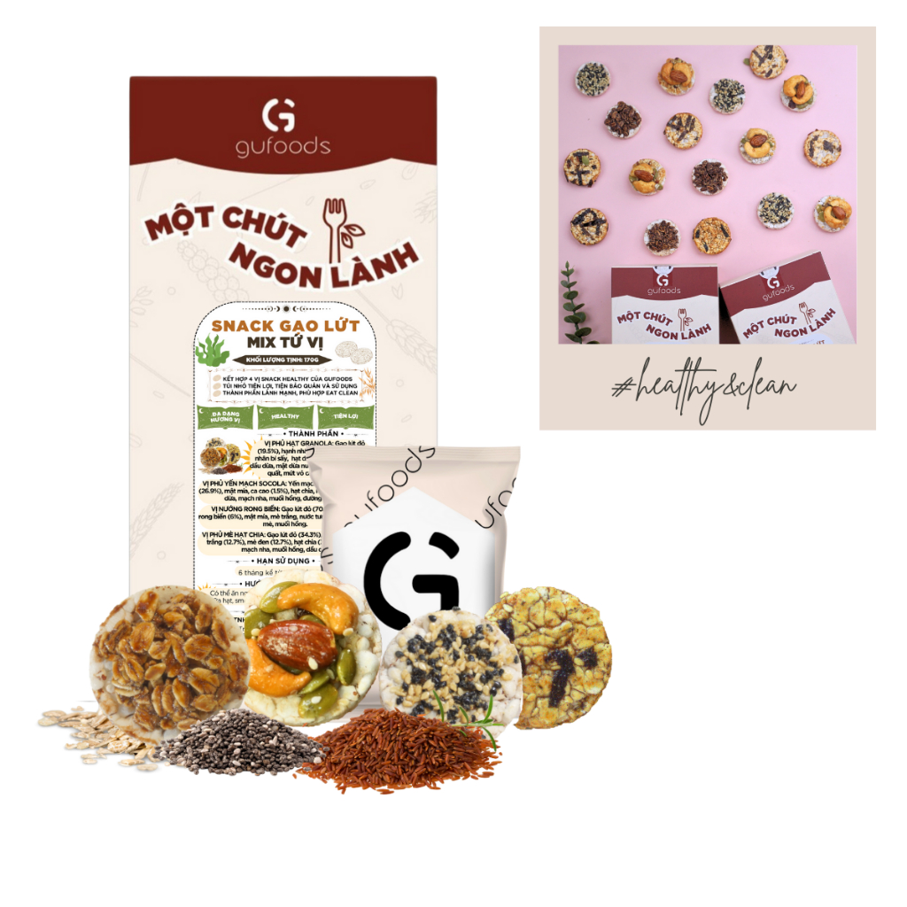 Snack gạo lứt healthy mix tứ vị GUfoods - Hội tụ 4 vị snack ngon, Tiện lợi, Eat clean (170g)
