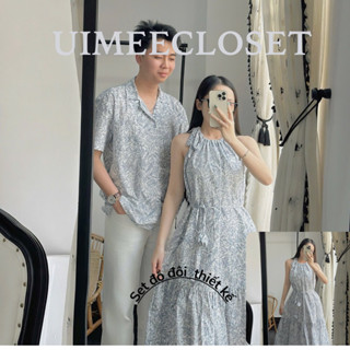 Set váy cổ yếm và áo sơ mi nam cổ vest set đồ đôi nam nữ đồ đôi couple Set04 chất kate cotton cao cấp