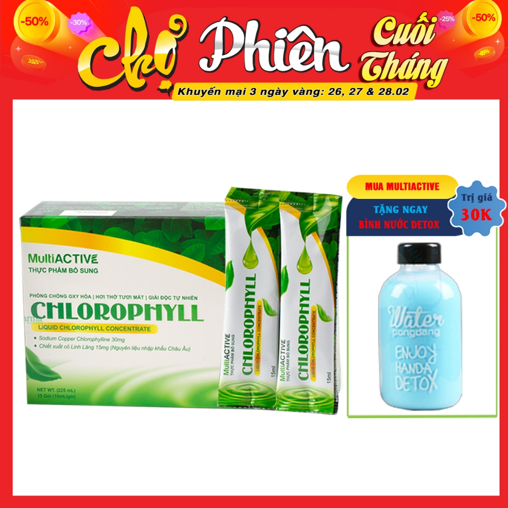 Nước Uống Diệp Lục Multiactive Chlorophyll Hộp 15 gói x15ml giúp thanh lọc cơ thể, giảm mụn nhọt