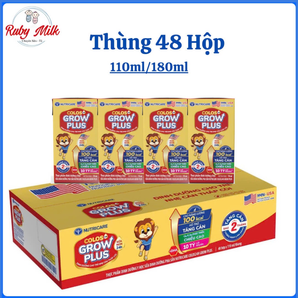  Thùng 48 Hộp Sữa Pha Sẵn Nutricare Colos 24h Grow Plus phát triển toàn diện 110ml 180ml 