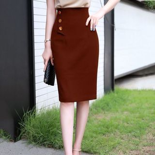  Chân váy bút chì lưng cao thiết kế 3 cúc sang trọng vải kaki thun co giãn CV0016 