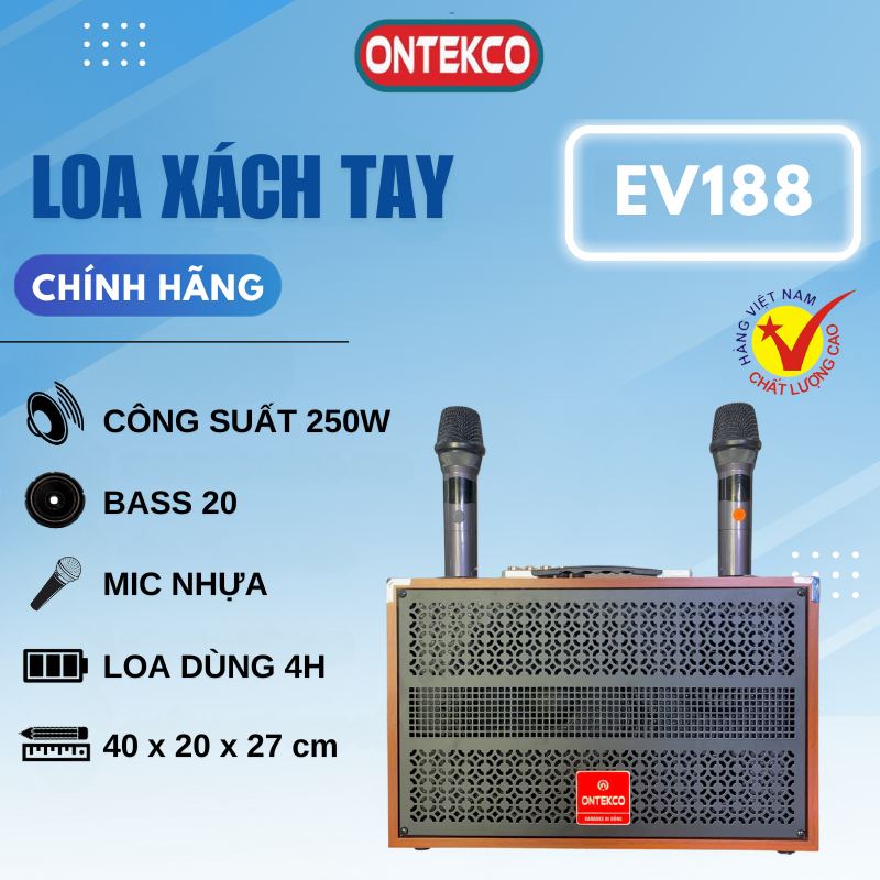 Loa kéo bluetooth ONTEKCO EV188/ 2562 tặng kèm 2 tay mic hát karaoke cực hay, loa gỗ âm thanh căng chuẩn