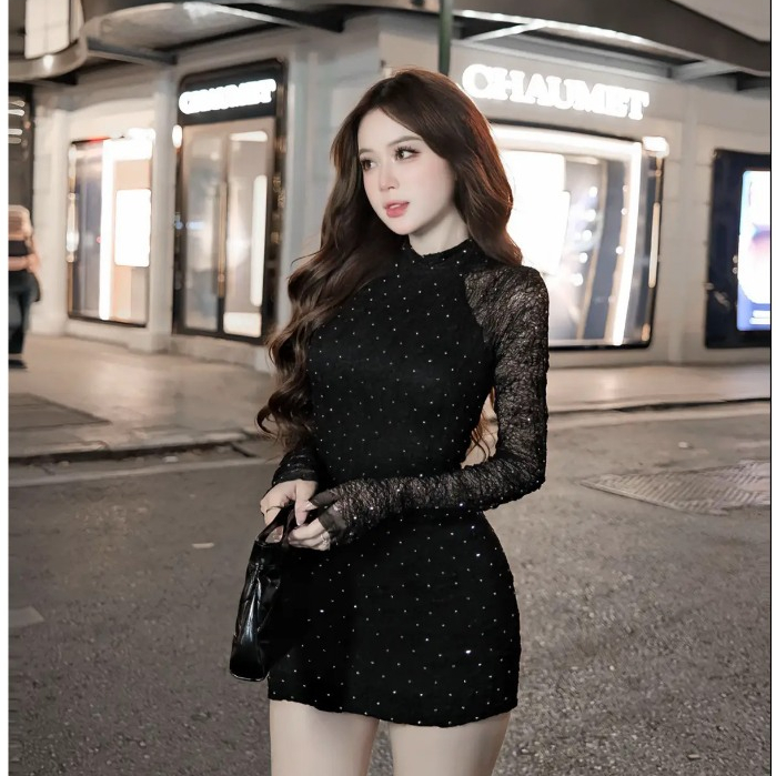 Váy Nữ Thiết Kế Ôm Body Cổ Cao Phối Ren Lưới Đính Đá Lấp Lánh Tiểu Thư Sang Chảnh | BigBuy360 - bigbuy360.vn