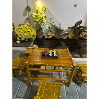 Bộ bàn ghế tre gồm 1 bàn 4 ghế dùng trong quán ăn nhà hàng,bàn trà decor trang trí