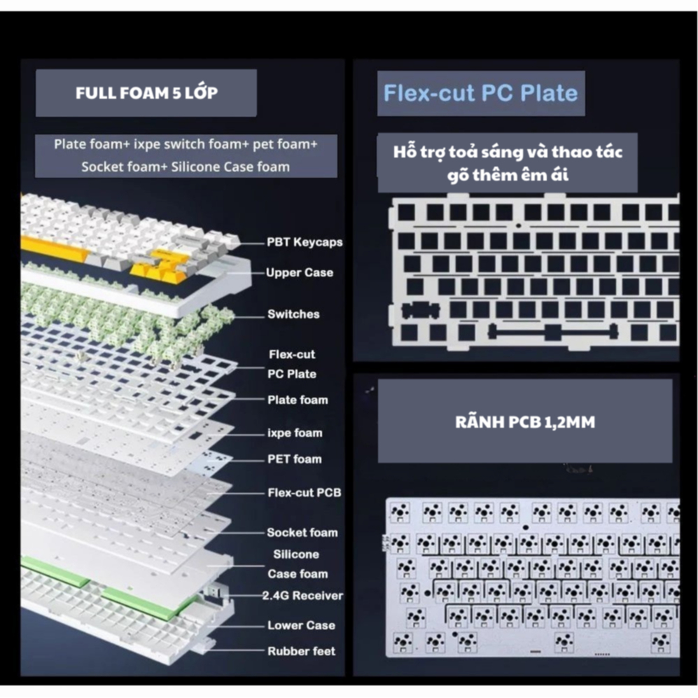 Bàn phím cơ không dây MCHOSE G75 Pro - 3 mode kết nối - Led RGB - Gasket Mount - Mạch xuôi - Hotswap 5 pin - Có appchỉnh | BigBuy360 - bigbuy360.vn