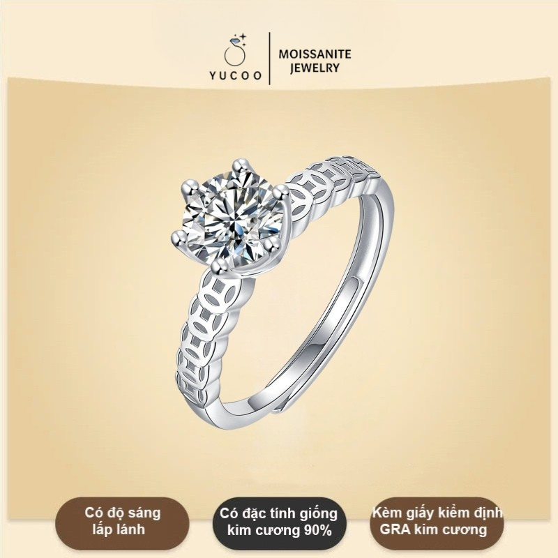 Nhẫn kim cương Moissanite 7 ly Nhẫn kim tiền bạc Nhẫn bạc nữ kiểm định GRA YUCOO N21