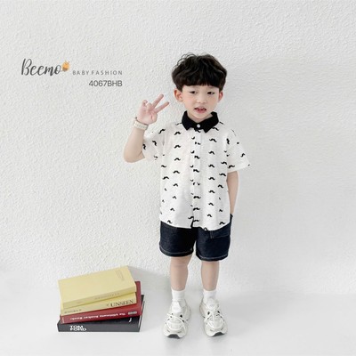 Set bộ sơ mi Beemo cộc tay in họa tiết bộ râu vải cotton mix quần giả bò bé trai từ 9-25kg 4008SHB