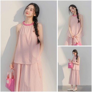  Set Đồ Nữ Áo Cổ Yếm Babydoll Kẻ Hồng Pastel Phối Chân Váy Midi Dáng Xoè Vibe Nàng Thơ 