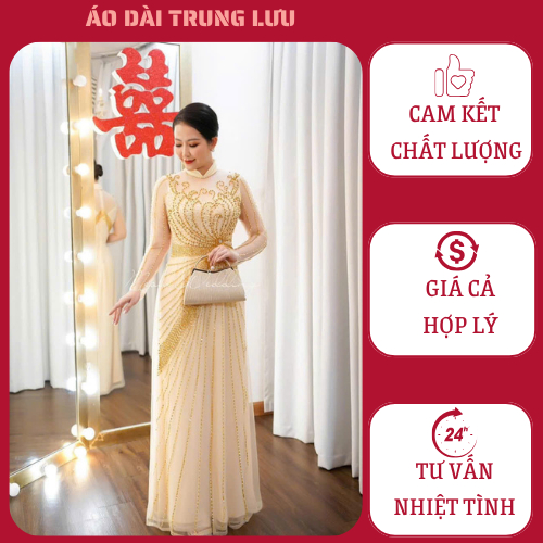 Áo dài Mẹ cô dâu 6 tà cao cấp  - áo dài bà sui, áo dài mẹ trung niên,  đính đá phale thủ công lấp lá