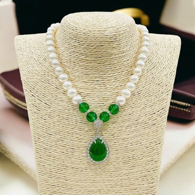 Chuỗi Đeo Cổ 9ly Mix Mặt Đá Xanh Giọt Nước Sang Trọng - Ngọc Trai Trường Thịnh