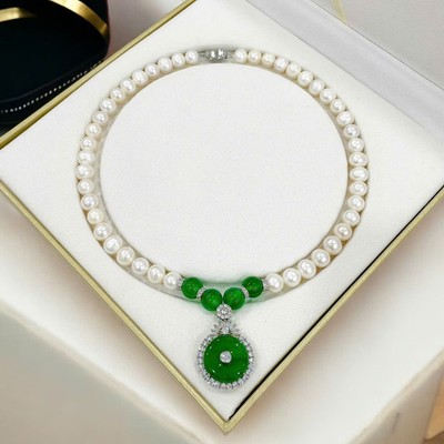Chuỗi Đeo Cổ 9ly Mix Mặt Đá Xanh Đồng Điếu Tinh Tế, Sang Trọng - Ngọc Trai Trường Thịnh