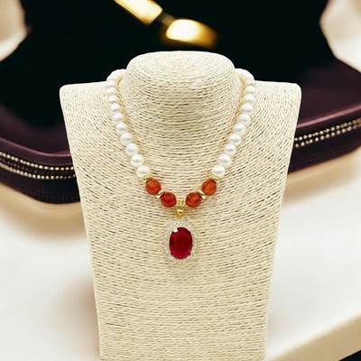 Chuỗi Đeo Cổ 9ly Mix Mặt Đá Đỏ Oval Lớn Kiểu Dáng Tinh Tế, Quý Phái - Ngọc Trai Trường Thịnh