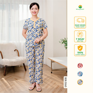 Đồ bộ lanh tole mặc nhà trung niên thời trang Việt Thắng quần dài, áo cộc tay khuy mở cúc - B08.5065