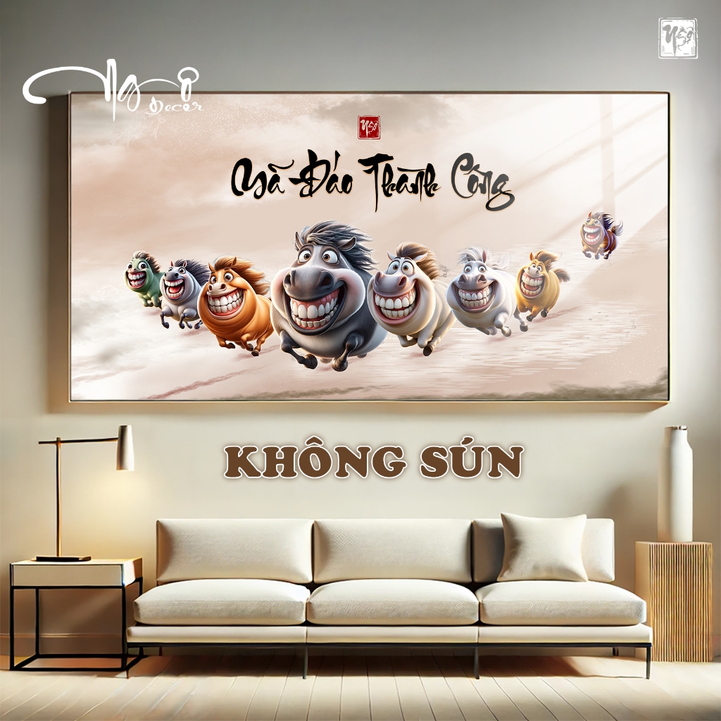 Tranh vô tri MÃ ĐÁO THÀNH CÔNG - MÃI DÉLL THÀNH CÔNG ngựa chế hài hước, Tranh gỗ tráng gương bo viền