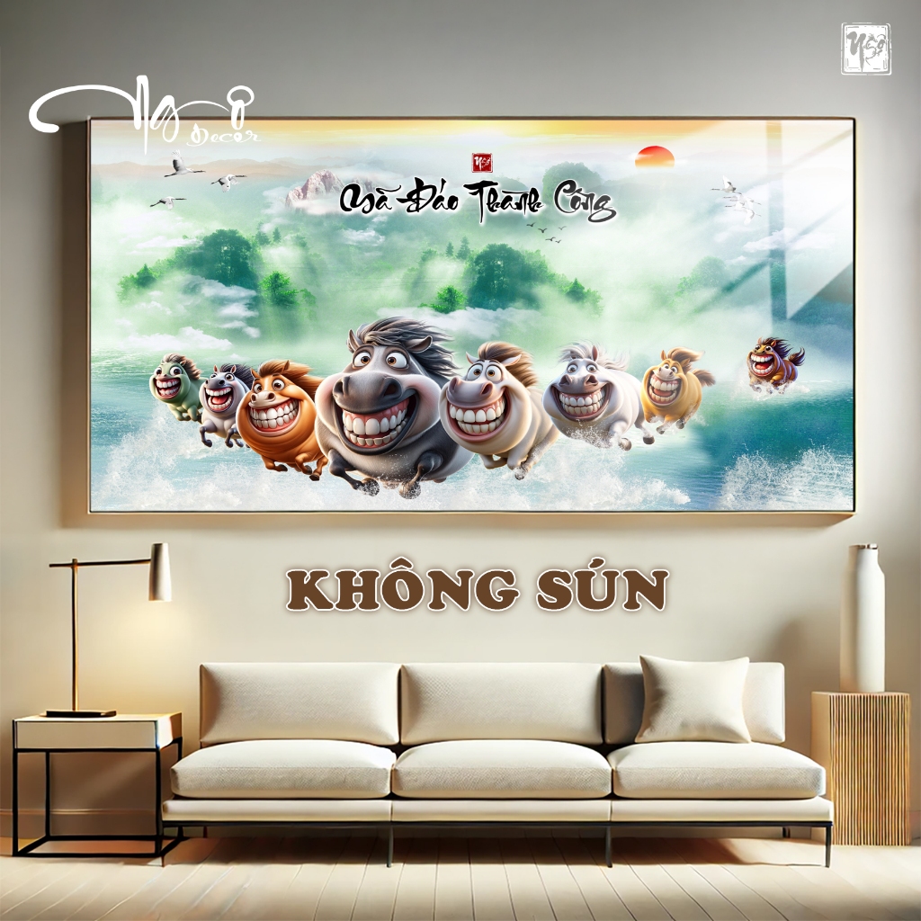 Tranh vô tri MÃ ĐÁO THÀNH CÔNG - MÃI DÉLL THÀNH CÔNG ngựa chế hài hước, Tranh gỗ tráng gương bo viền