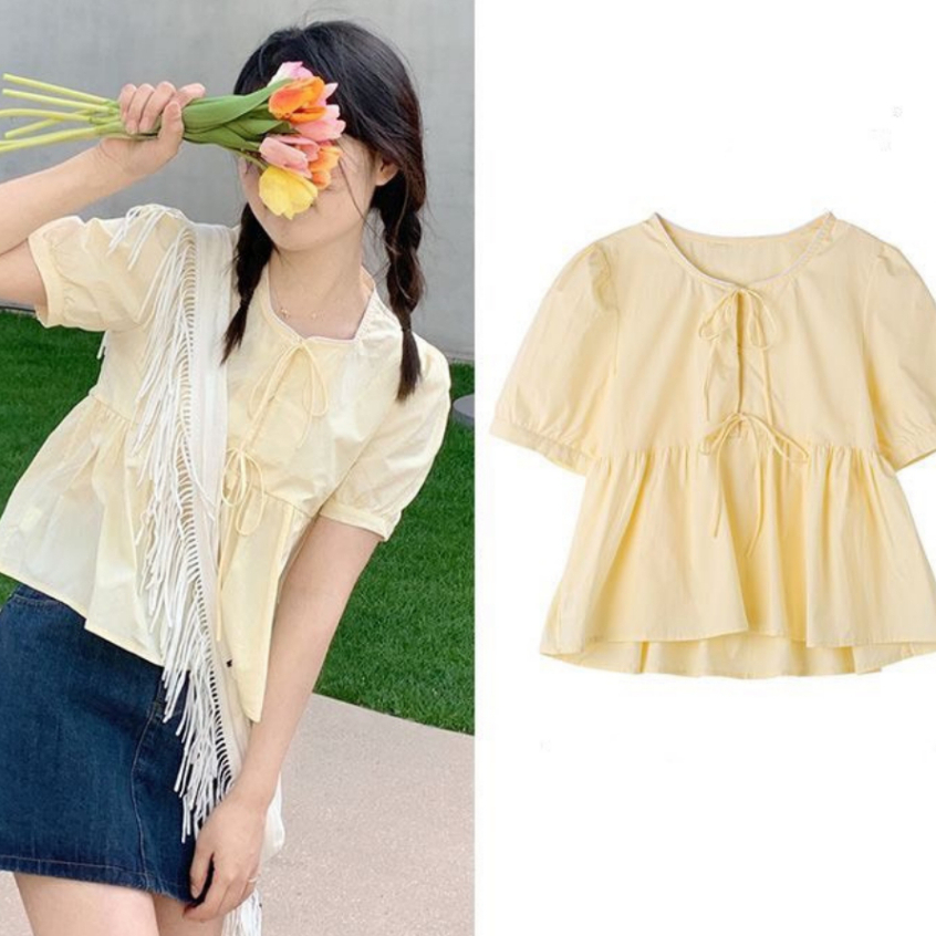 Áo sơ mi nữ babydoll màu vàng kem phối dây thắt nơ tay dáng bồng thời trang mùa hè Shees Clothing Sài Gòn M2091