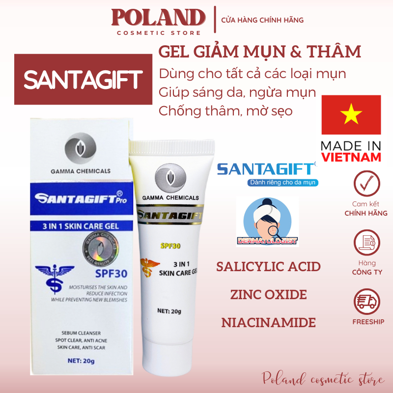 Kem mụn Santagift SPF30 Gel chấm mụn giảm mụn giảm thâm ức chế sắc tố dưỡng da chống nắng tuýp 20gr