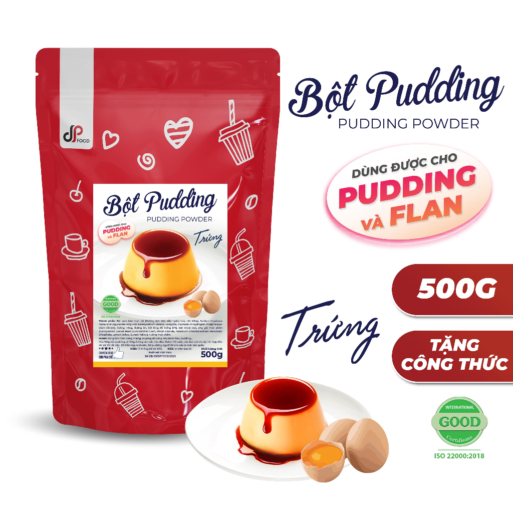 Bột Pudding Trứng DPFOOD - Gói 500G - Thơm Ngon Mềm Mịn, Làm Topping Trà Sữa, Chè, Cacao/Milo Dầm
