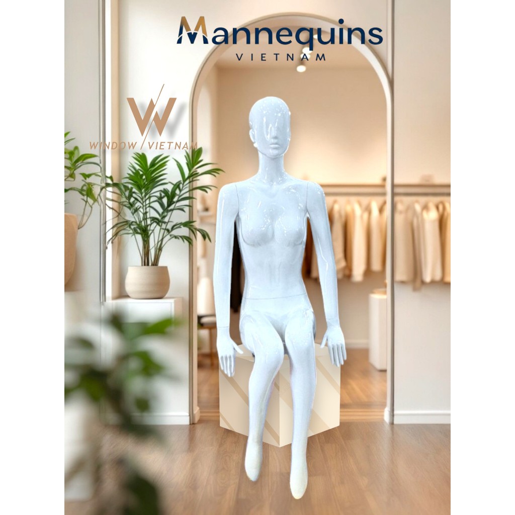 Manocanh thời trang Nữ, dáng ngồi 2 tay vị ghế, phụ kiện shop, chất liệu nhựa, màu trắng mã MF220