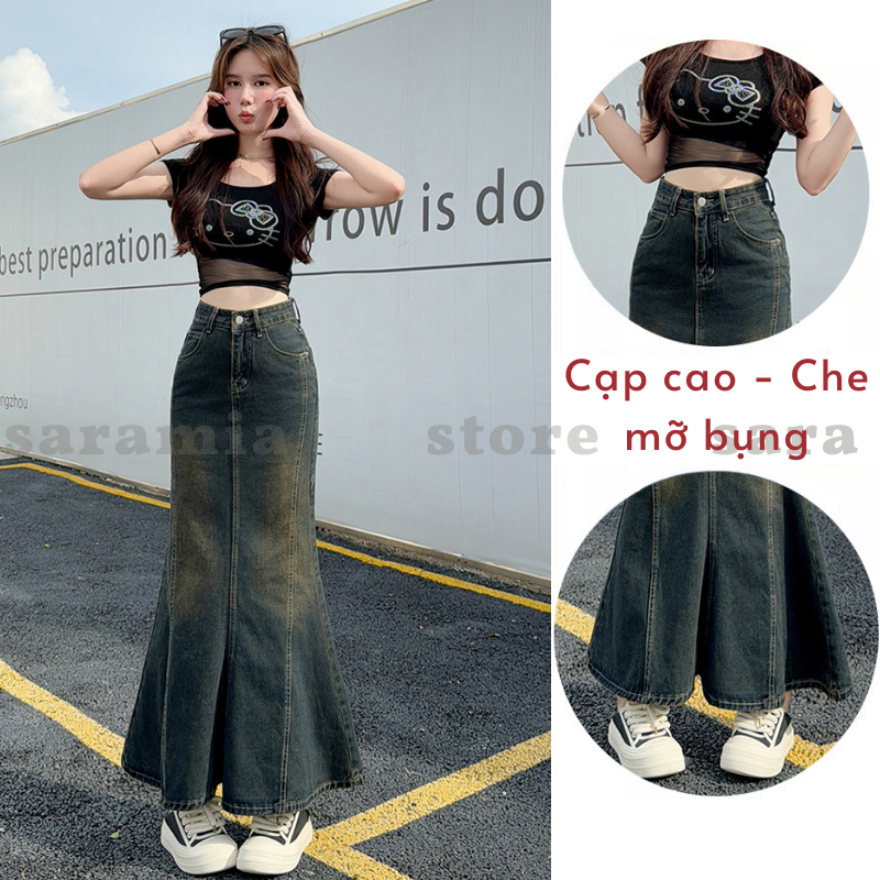 Chân váy đuôi cá SARAMIA váy bò vải jean dài chữ A vải bò denim nữ đen xòe cạp cao che bụng V15 | BigBuy360 - bigbuy360.vn