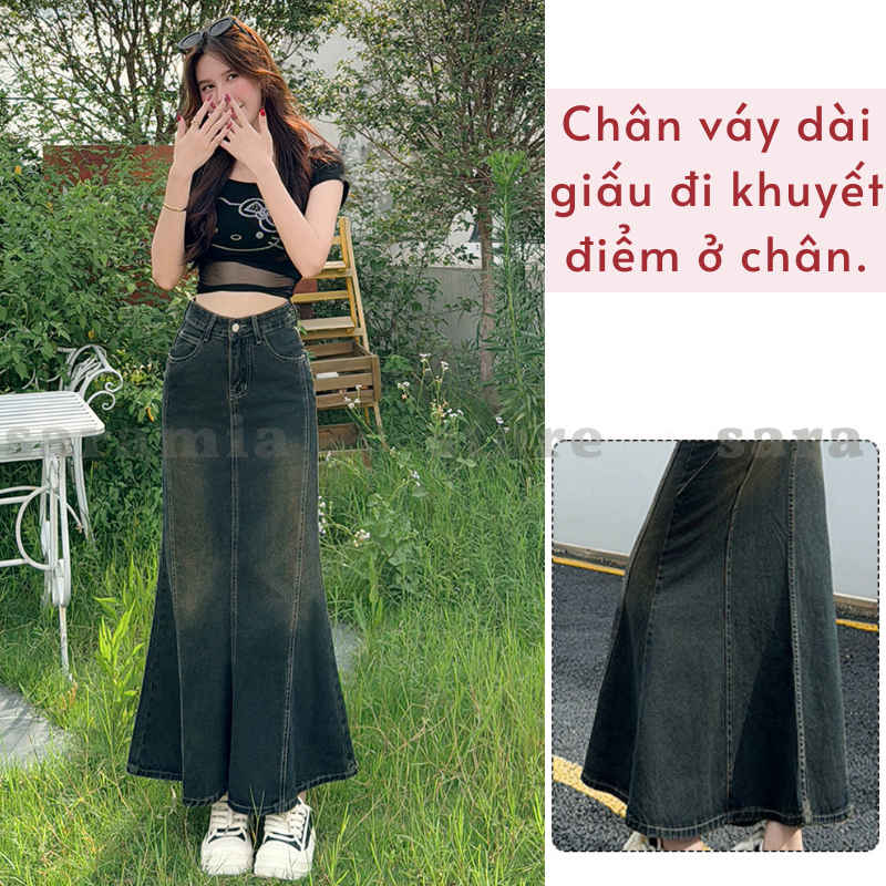 Chân váy đuôi cá SARAMIA váy bò vải jean dài chữ A vải bò denim nữ đen xòe cạp cao che bụng V15 | BigBuy360 - bigbuy360.vn