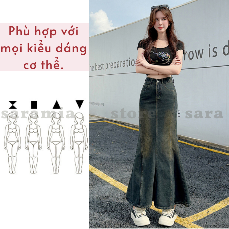 Chân váy đuôi cá SARAMIA váy bò vải jean dài chữ A vải bò denim nữ đen xòe cạp cao che bụng V15 | BigBuy360 - bigbuy360.vn