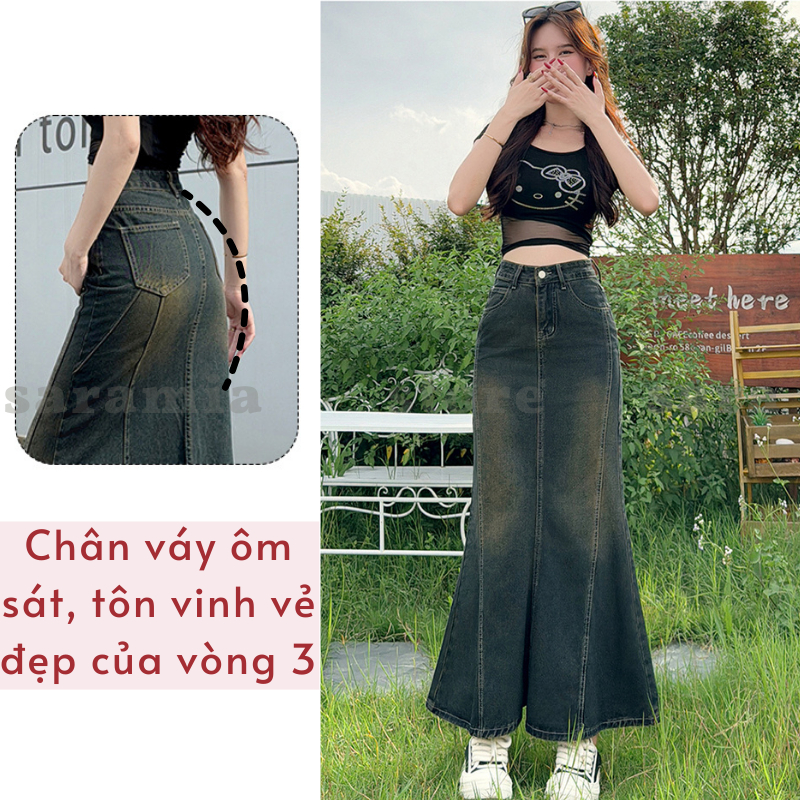 Chân váy đuôi cá SARAMIA váy bò vải jean dài chữ A vải bò denim nữ đen xòe cạp cao che bụng V15 | BigBuy360 - bigbuy360.vn