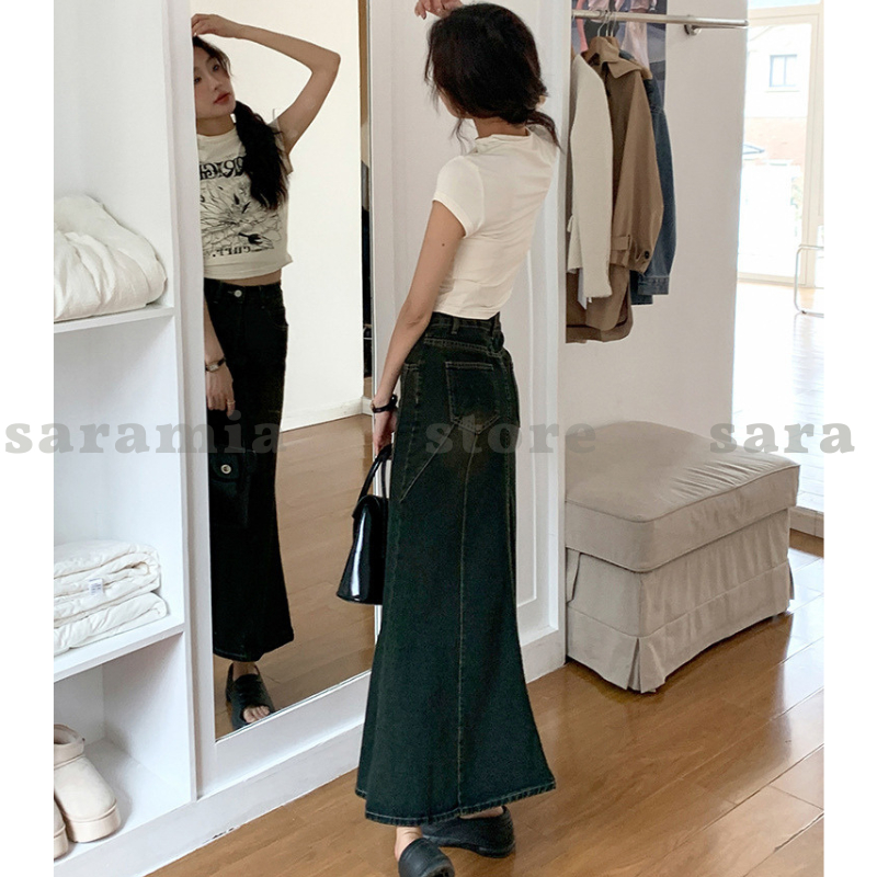 Chân váy đuôi cá SARAMIA váy bò vải jean dài chữ A vải bò denim nữ đen xòe cạp cao che bụng V15 | BigBuy360 - bigbuy360.vn
