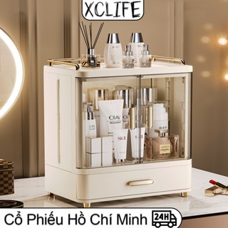 Tủ đựng đồ trang điểm màu vàng nhạt đẹp và sang trọng, Kệ Đựng Mĩ Phẩm Để Bàn Bằng Nhựa Cao Cấp