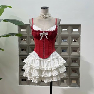 OB099 Set áo corset viền ren đính nơ xinh xắn chân váy ngắn xếp li nhiều tầng cá tính sang chảnh