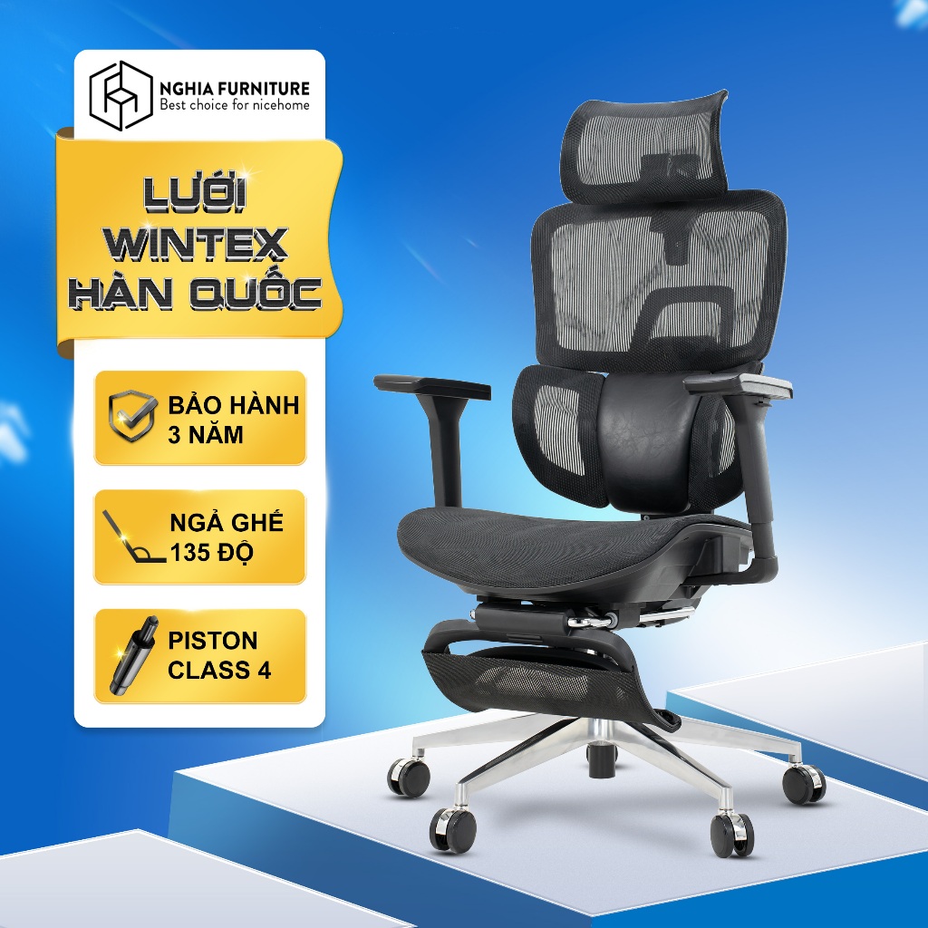 Ghế Công thái học Nghia Furniture Habita, Lưới Wintex Hàn Quốc, piston class 4, ngả ghế 140 độ