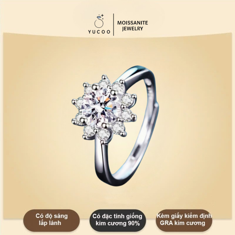 Nhẫn kim cương Moissanite nhẫn bạc nữ cầu hôn bạc mặt hoa nhẫn nữ bạc 7 ly kiểm định GRA YUCOO