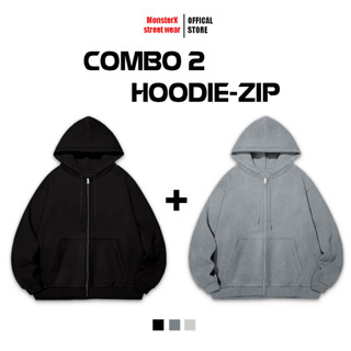 Combo 2 Áo Hoodie ZIP TRƠN Khoác Nỉ Mũ Kéo Khóa MONSTER X STREET Basic Nỉ Bông Cotton Unisex nam nữ