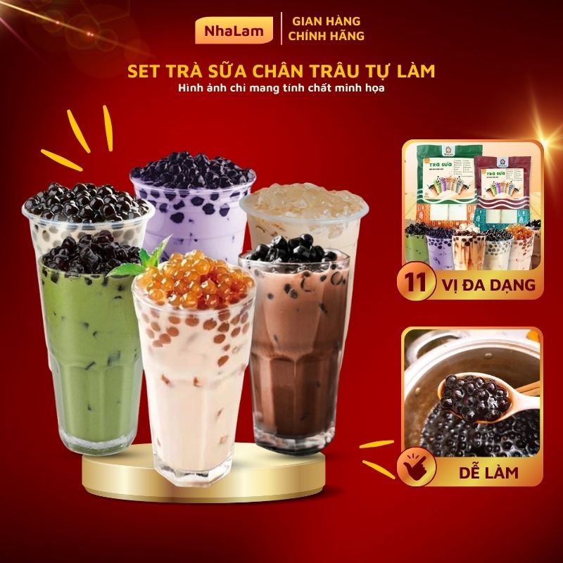  Set Nguyên Liệu Pha Trà Sữa Trân Châu Phúc Long Thái Xanh Thái Đỏ NHALAM FOOD Thành Phẩm 5 Ly  Kèm Công Thức  