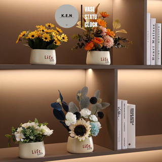  Bình hoa để bàn decor phòng khách bàn làm việc kệ tivi kèm hoa giả để bàn 34cm gốm KENDECOR 