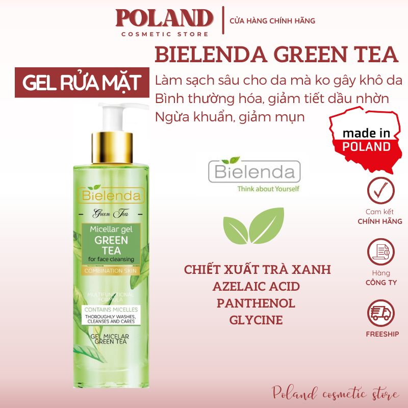 Sữa rửa mặt Bielenda Green Tea cho da dầu mụn với srm trà xanh tràm trà kiềm dầu, giảm mụn 200ml