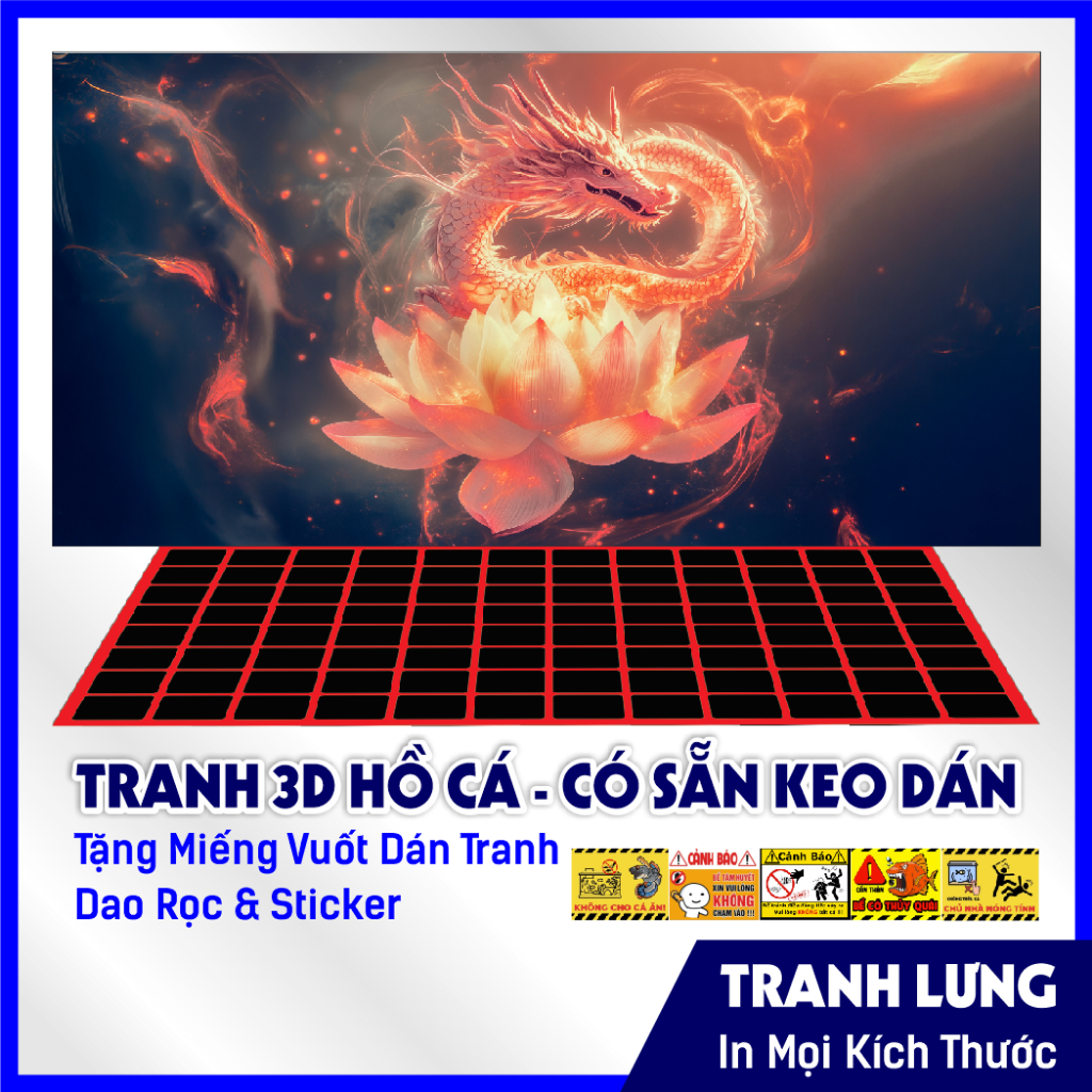 Tranh dán hồ cá 3d Decal có sẵn keo, Tranh Dán Bể Cá Thủy Sinh, Bể Cá Rồng - Hoa sen và rồng - Nhiều