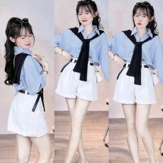 Áo sơ mi nữ kẻ kèm khăn thủyi thủ , áo sơ mi dài tay kẻ sọc kèm khăn choàng dáng rộng Hàn Quốc cho nữ hot 2025