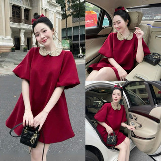   V1.911  Váy Babydoll Tay Bồng Cổ Sen Đính Đá Form Rộng Hàng 2 Lớp Dày Dặn 
