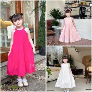 Siêu phẩm Đầm váy công chúa maxi bé gái đi biển chất thêu cao cấp 3 màu trắng, Hồng phấn và Hồng sen 13-40;45kg