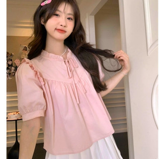 Áo babydoll ngắn tay bèo cổ buộc nơ thân trước bổ cúp V bồng nhún phong cách Hàn Quốc Shees Clothing Sài Gòn