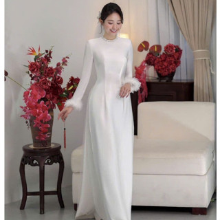 Áo Dài Truyền Thống nữ 2 tà Lụa Ruby, cổ đính kết ngọc, Tay dài Phối Lông Vũ cao cấp