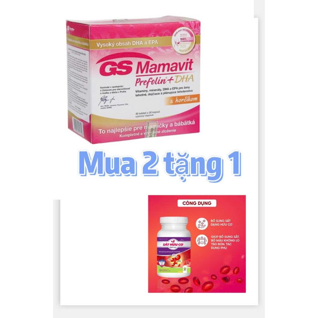 Combo 2 hộp Vitamin Bầu GS Mamavit Prefolin DHA hộp 60 viên TẶNG 1H SẮT HỮU CƠ -Vitamin tổng hợp Cho