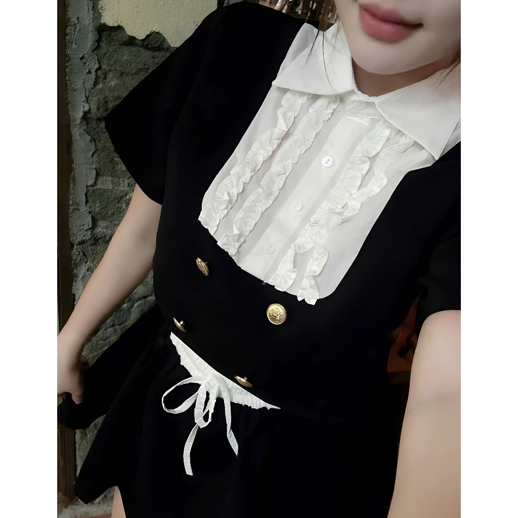 Set 2 Món Gồm Áo Sơ Mi Tiểu Thư Phối Bèo Ly Nguc + Quần Váy Dáng Xoè Dây Eo | BigBuy360 - bigbuy360.vn