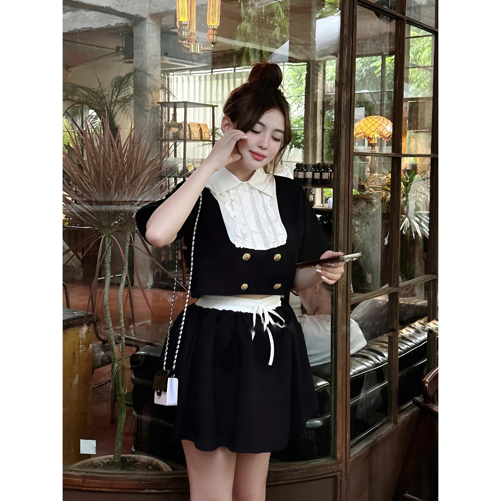 Set 2 Món Gồm Áo Sơ Mi Tiểu Thư Phối Bèo Ly Nguc + Quần Váy Dáng Xoè Dây Eo | BigBuy360 - bigbuy360.vn