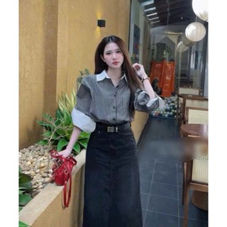 SÉT ĐỒ CÔNG SỞ SIÊU XINH, XỊN SÒ🥰ÁO SƠ MI SỌC CỔ VÀ TAY DÀI PHỐI TRẮNG KẾT HỢP CHÂN VÁY JEAN XẺ TÀ SAU KÈM NỊTxinh tươi